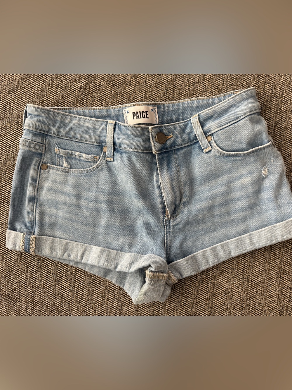PAIGE Light Wash Cuffed Denim Shorts
